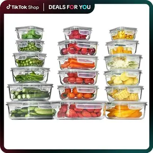 【Deals For You】Vtopmart 18 Pack Glass Food Storage Containers with Lids -Stackable Design for Kitchen Utensils Oven Microwave Freezer Dishwasher Kitchenware Lunch Compartment Grey Rectangle Airtight Meal Prep,Large Storage,summerwins,mid year sale