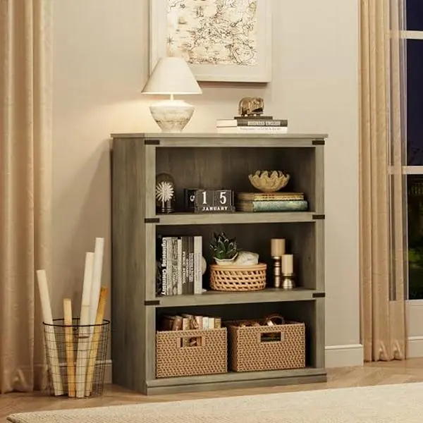 GARVEE Rectangular 5-Tier Wooden Bookcase - Grey Country-Style Open Wide Shelving Unit, Ample Storage Indoor Furniture for Living Room, Bedroom (800x305x1015 mm)