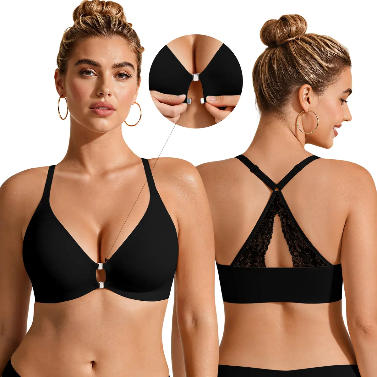 Deangelmon Women's Front Closure Lace Bra - Wireless Jelly Semi-Fixed Cups, Ventilated Holes, Nylon Blend - For V-Neck Outfits, Holiday, Wedding Wear,clothes for back to school,first day of school outfits