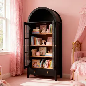 71" Tall Arched Kitchen Pantry, Arched Cabinet with LED Lights, Kitchen Storage Cabinets with 2 Large Drawers & Adjustable Shelves & Glass Door for Living Room, Dining Room, Black