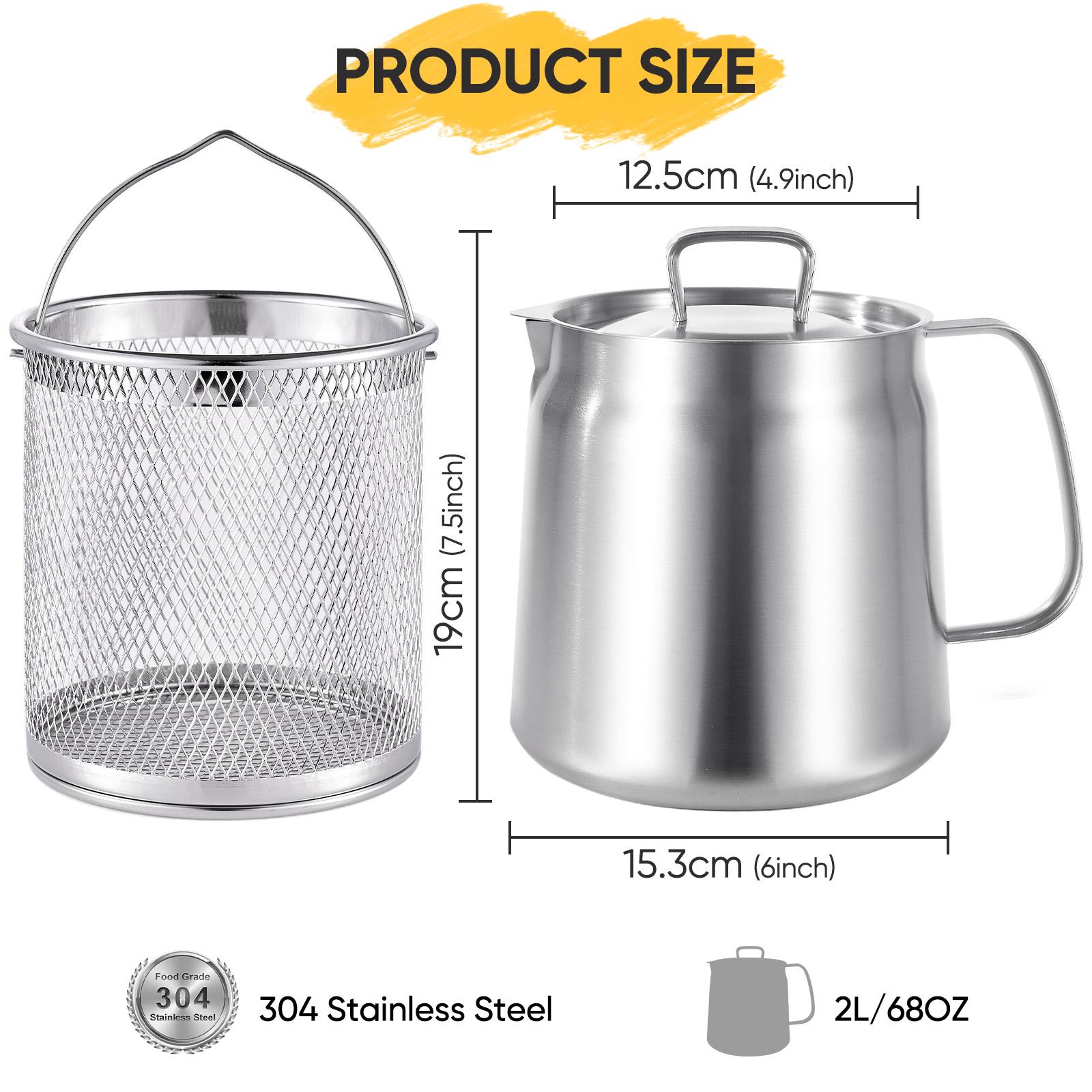 1.5L Stainless Steel Oil Filter Pot with Frying Basket, 304 Grease Container with Strainer for Cooking, Frying and Oil Storage