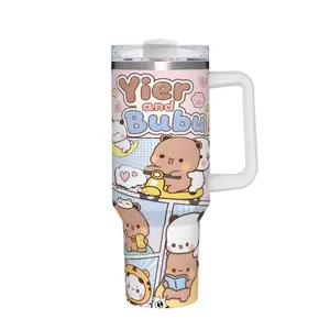 Yier and Bubu 40oz Stainless Steel Insulated Tumbler with Handle, Travel Mug with Lid, Leakproof Portable Cup for Car Office Outdoor Use, Yier and Bubu Aesthetic, TikTok Viral, Cute Anime Style, Kawaii, Desk Setup, Unboxing Trend