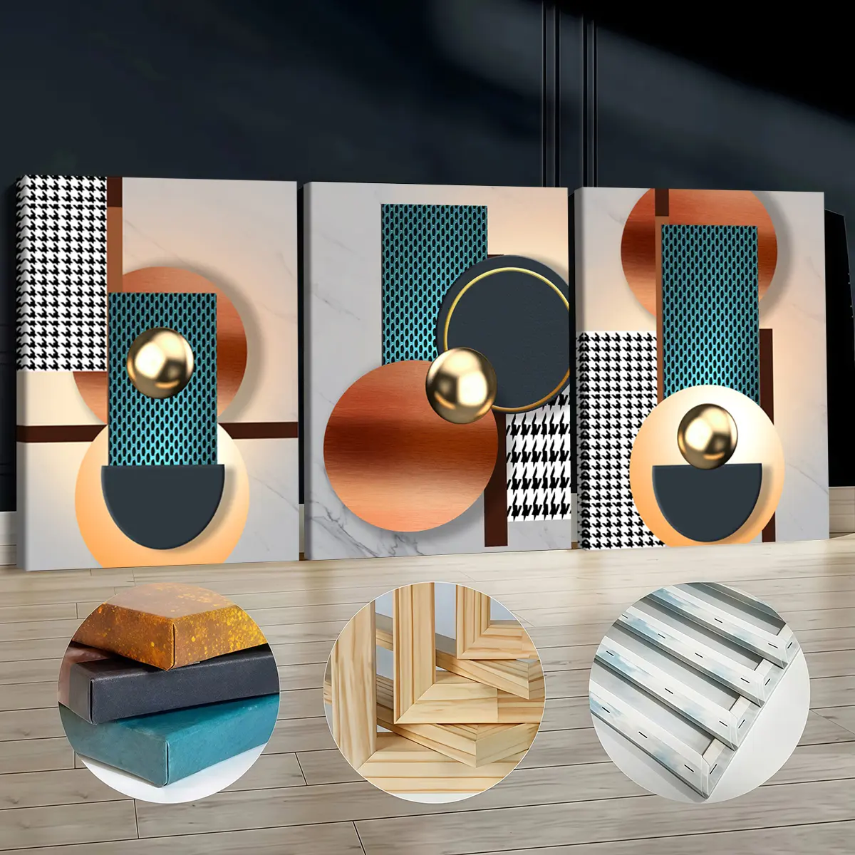 3Pcs Artistic Wooden-Framed Canvas Paintings - Abstract Geometric Copper-Gold-Teal Pattern, Waterproof Odourless Home Decor Decoration, Indoor Wall Art for Living Room, Bar, Kid Room
