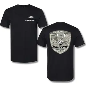 AFTCO x Mercury T-Shirt – Short Sleeve Fishing Tee with Gray Camo Shield Logo, Go Boldly Outdoor Shirt for Anglers & Boating Enthusiasts, 2 Sides. Cotton Tshirts Cotton Tees
