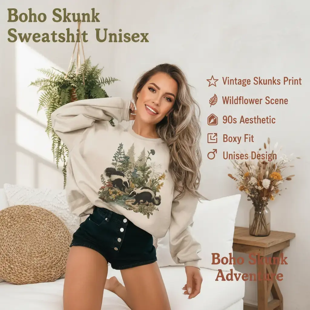 Vintage Skunk Printed Sweatshirt, Unisex Casual Long Sleeve Round Neck Top with 90s Boho Wildflower Graphic