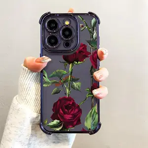 Red Rose Flower Pattern Phone Case,Electroplated Cover with Airbag Shockproof Slim Soft TPU Cover,Phone Case Suitable for IPhone11/12/13/14/15/16/17 Air Pro Promax Plus, Accessories, Smartphone
