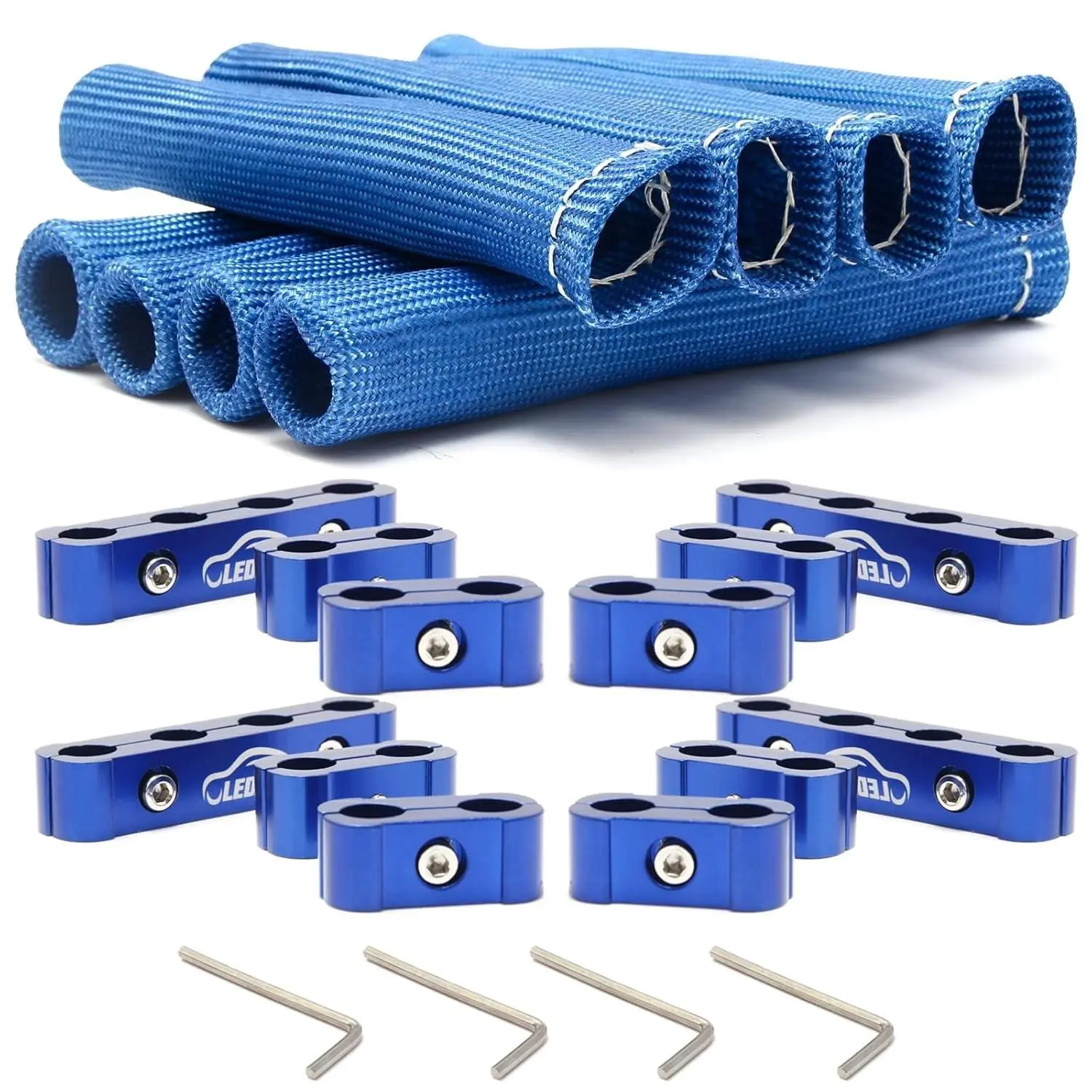8Cyl Spark Plug Wire Heat Shield Kit 12pc Sleeve Protector Divider Blue