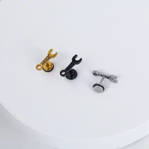 1count/Wrench Shaped Helix Cartilage Stud Earring with Flat Back – Stainless Steel, Unisex Piercing Jewelry for Men and Women