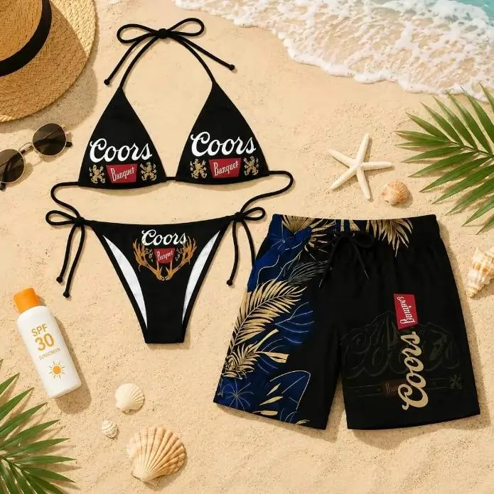 Western Coors Banquet Tropical Swimwear Set, Bikini & Hawaiian Shorts Matching Outfit, Couples Summer Beachwear, Vacation Swimsuit
