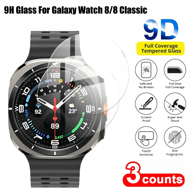 3 Pack 9h Protective Tempered Glass Screen Protector for Samsung Galaxy Watch 8/8 Classic 40mm 44mm, Full Coverage HD Clear Film, Easy Install, Smart Watch Accessories, Protection, Smartwatch Accessories