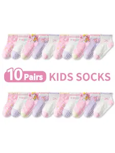 10 Pairs Children Floor Socks Heart Unicorn Pattern, Soft Sole Indoor Non-Slip Rainbow Pony Mid-Calf Socks for Boys Girls Infants, Soft Comfy Socks