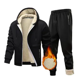 Men's Two-Piece Winter Hooded Cozy Fleece Set, Outdoor Casual Plush Warm Stylish Versatile Jacket and Pants