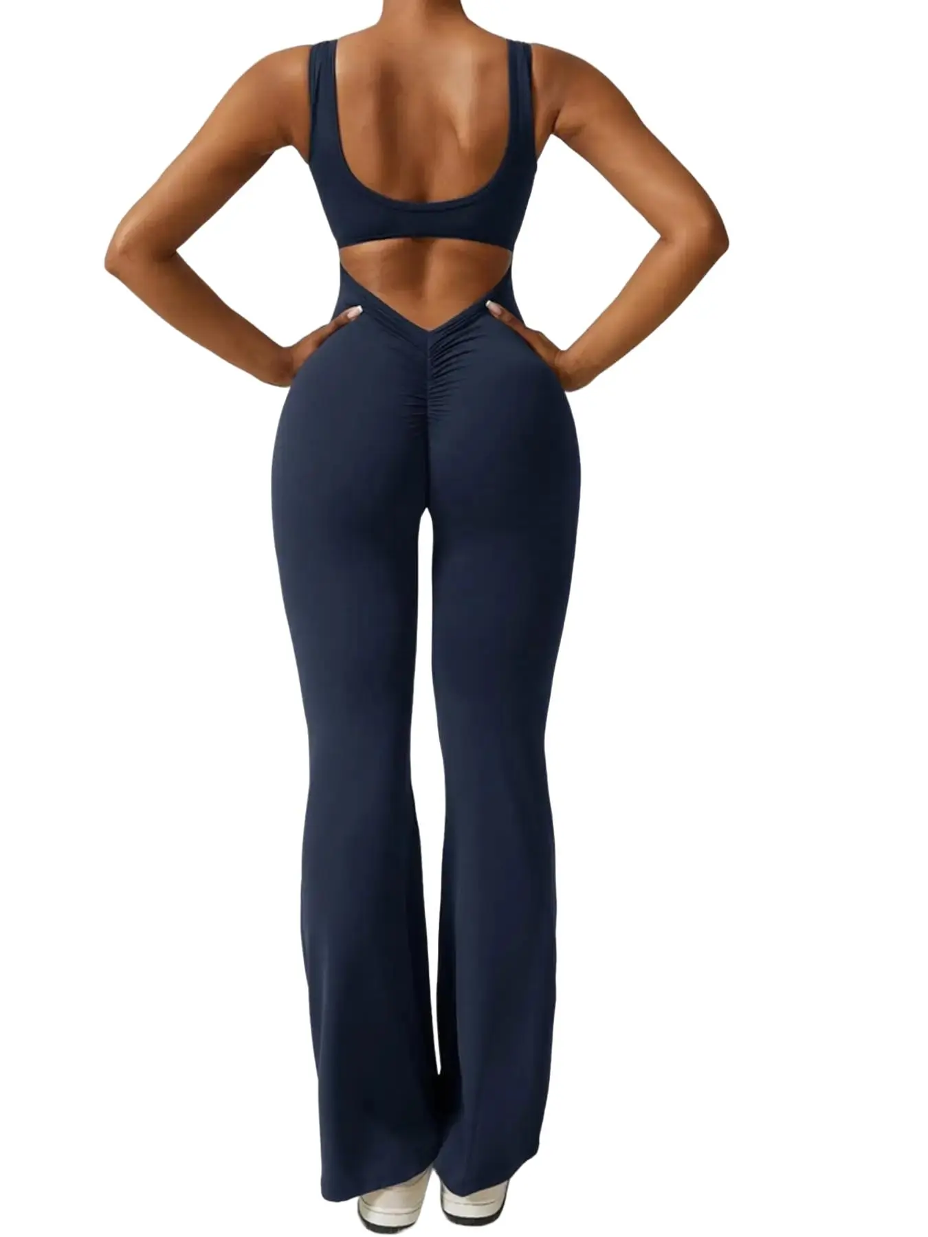 Women's Solid Cut Out Backless Ruched Tank Yoga Jumpsuit, Shaping Yoga Jumpsuit, Casual Basic Scoop Neck Sleeveless Jumpsuit for Daily Outdoor Wear, Ladies Clothes for All Seasons, Stretchable Activewear, Stretchy Jumpsuit, Workout Jumpsuit