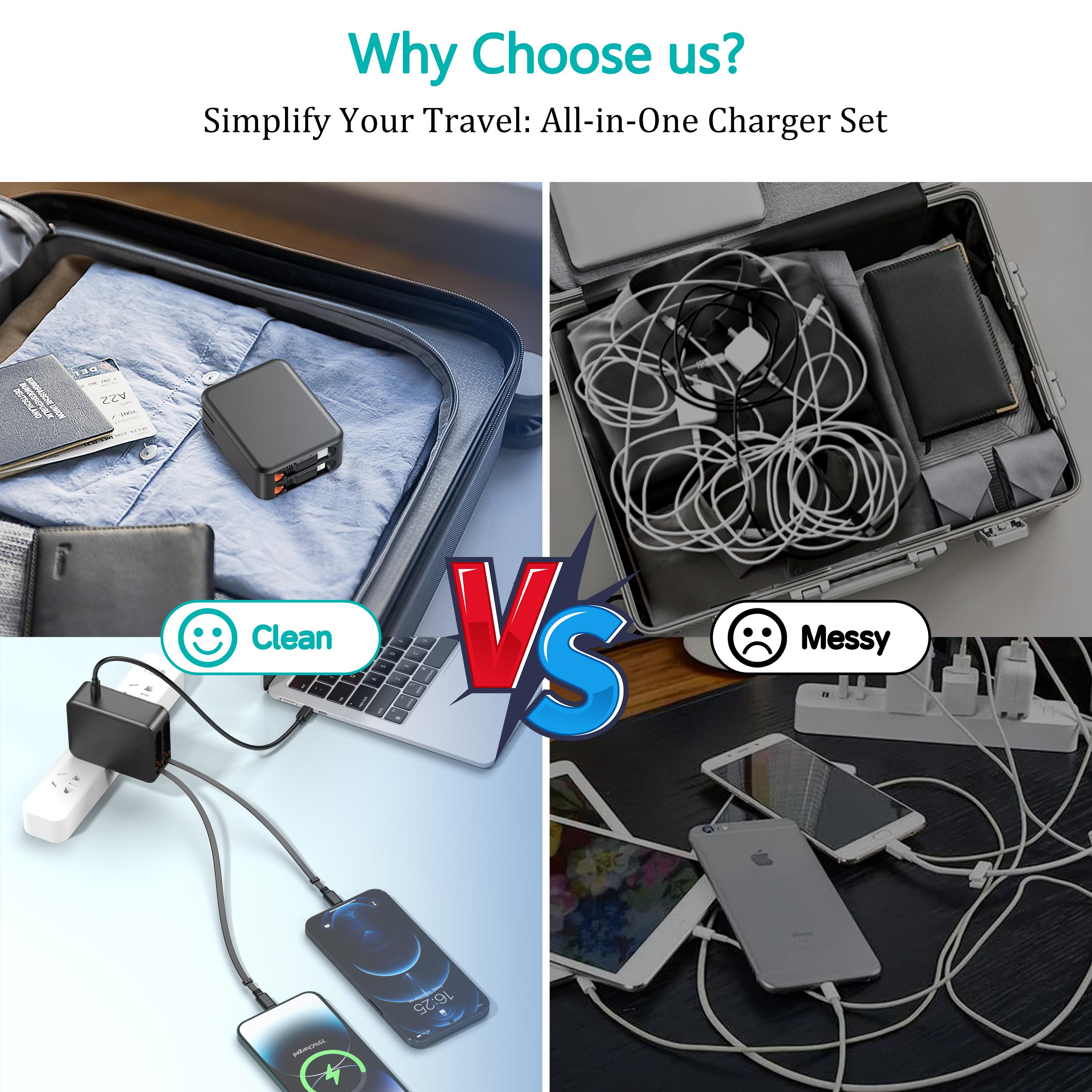 35W Retractable Wall Charger with Dual Cables & 3-Port Hub, Fast Charging for iPhone 16/15/14/13/12/11, iPad, Samsung, LG & More