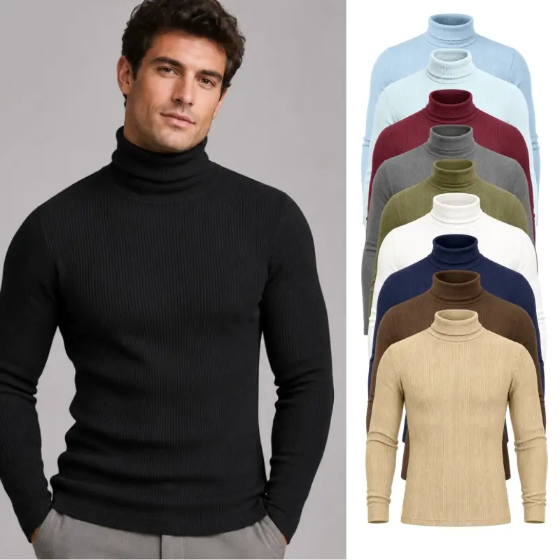 Men's Ribbed Turtleneck Sweater, Slim Fit Long Sleeve Pullover Top, Solid Color High Neck Knit Shirt for Business Casual and Layering