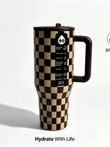 Hydrojug 40oz Retro Brown Checkered 40oz Travel Tumbler - Insulated Stainless Steel, Leakproof Lid, Ergonomic Handle, Neutral Checkerboard Print, Trendy Hydration Cup, Leakproof & Cup Holder Ready outdoorfun