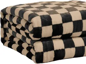 FY FIBER HOUSE Checkered Flannel Fleece Throw Blanket Soft Cozy Checkerboard Grid Print Chessboard Gingham Pattern Blankets for Bed Couch Sofa, 60"x80", Black Brown