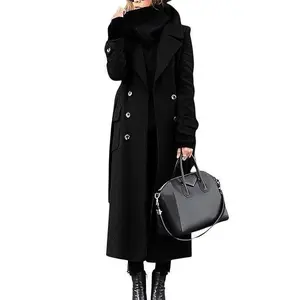 Womens Long Wool Pea Coat Notched Lapel Double Breasted Trench Coat Winter Warm Overcoat with Belt Womenswear Jackets