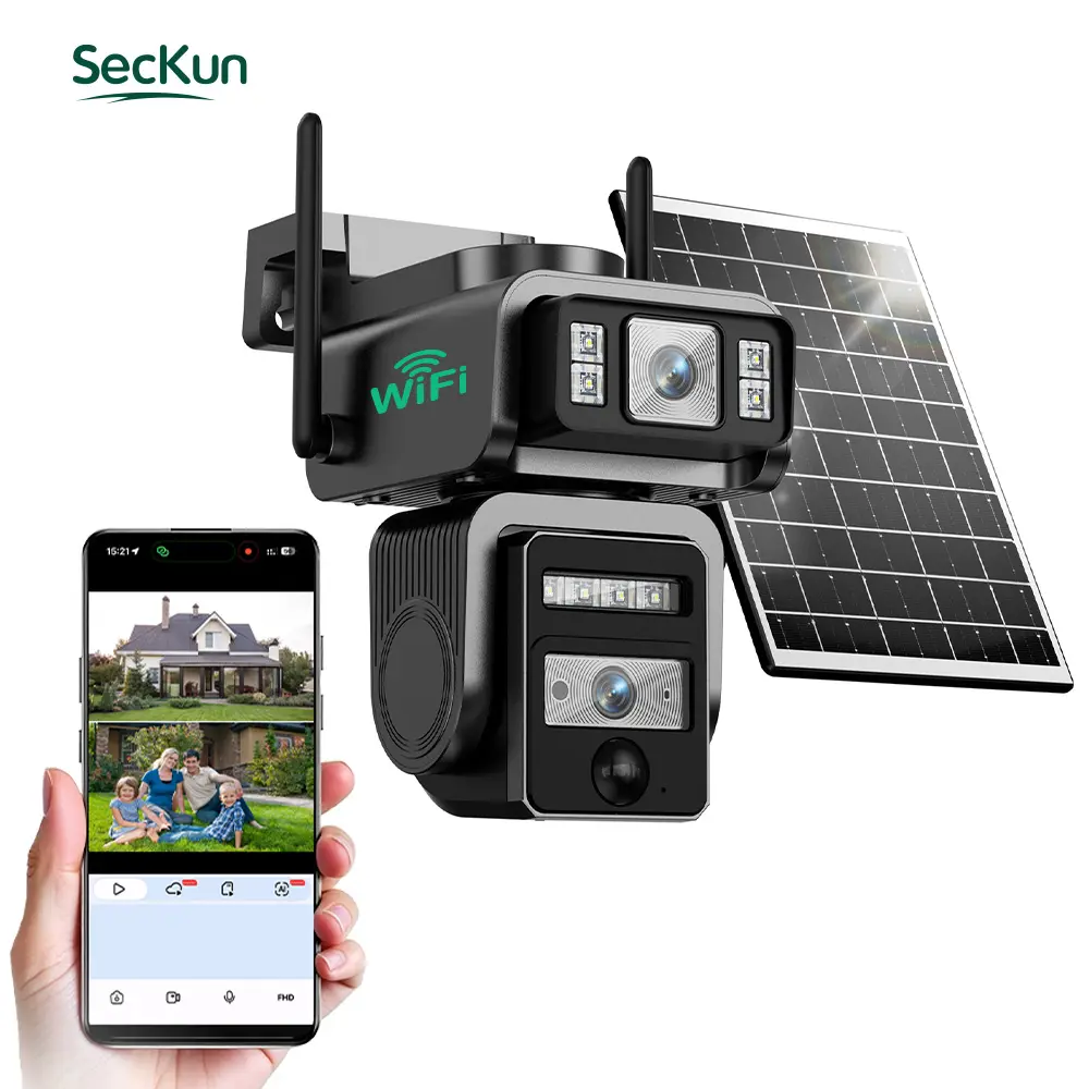 2K Solar WiFi Security Camera Dual Lens PTZ Outdoor Wireless AI Detection Auto Tracking Full Color Night Vision 2-Way Audio 8000mAh Battery 24/7 Recording Remote View IP66 Waterproof AJ19 Lights