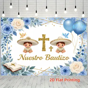 Blue Gold Twin Baptism Background Cloth, Fresh Blue Rose Design, Cute Twin Cartoon Image, Catholic Baptism Ceremony Decor, Decorative Banner