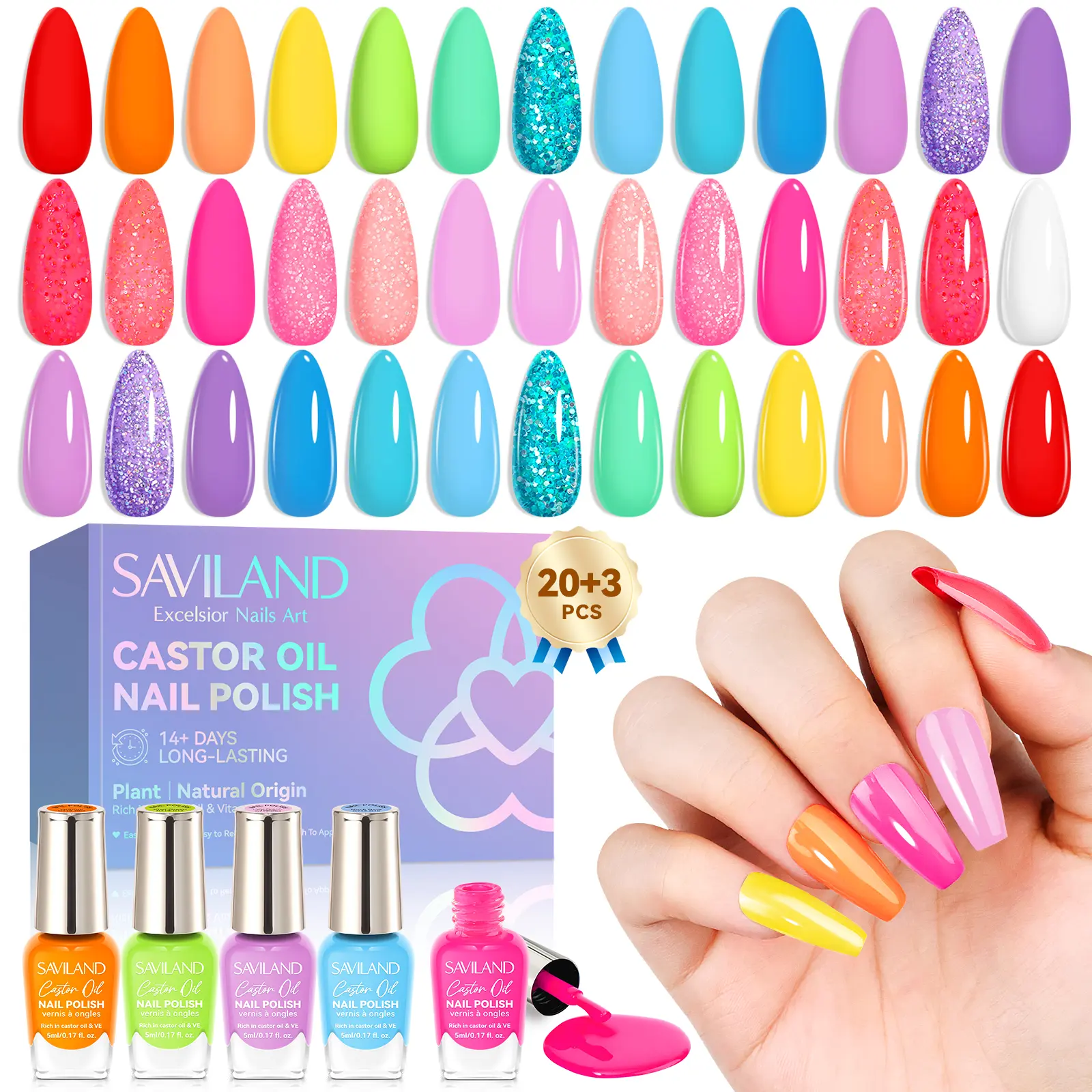 SAVILAND 23PCS Nail Polish Set – Quick-Dry Regular Nail Polish Kit with 20 Bright Neon & Glitter Colors plus Base & Top Coat, DIY Nail Art Set for Home, Gift for Girls