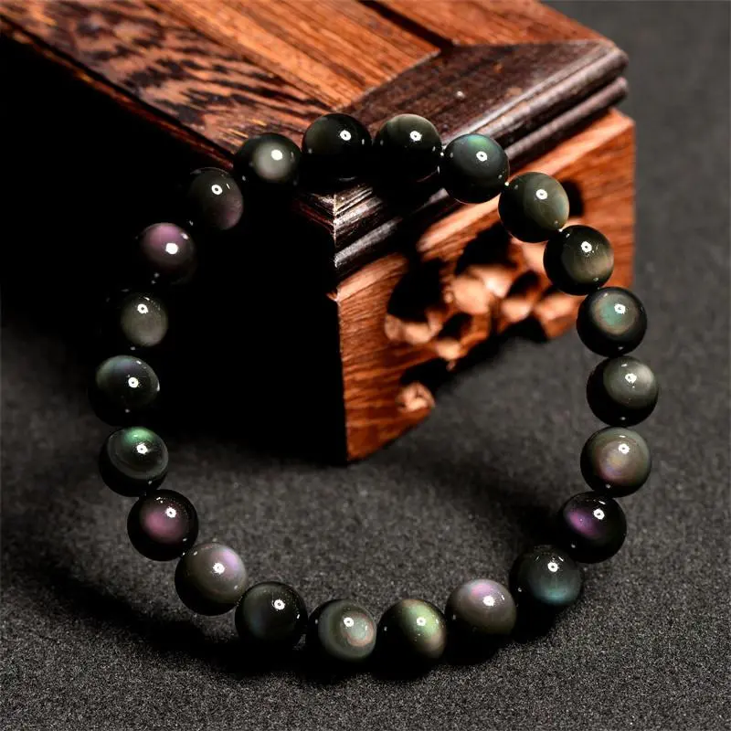12mm Rainbow Eye Obsidian Crystal Beaded Stretch Bangle Bracelet - Triple-Stretchy Natural Crystal Accessory for Healing, Meditation, Natural Crystal Bracelets