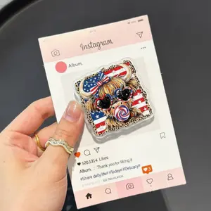 Patriotic Highland Cow MagSafe Phone Grip, USA Flag Magnetic Kindle Grip, Cute 4th of July Pop Socket Stand Gift