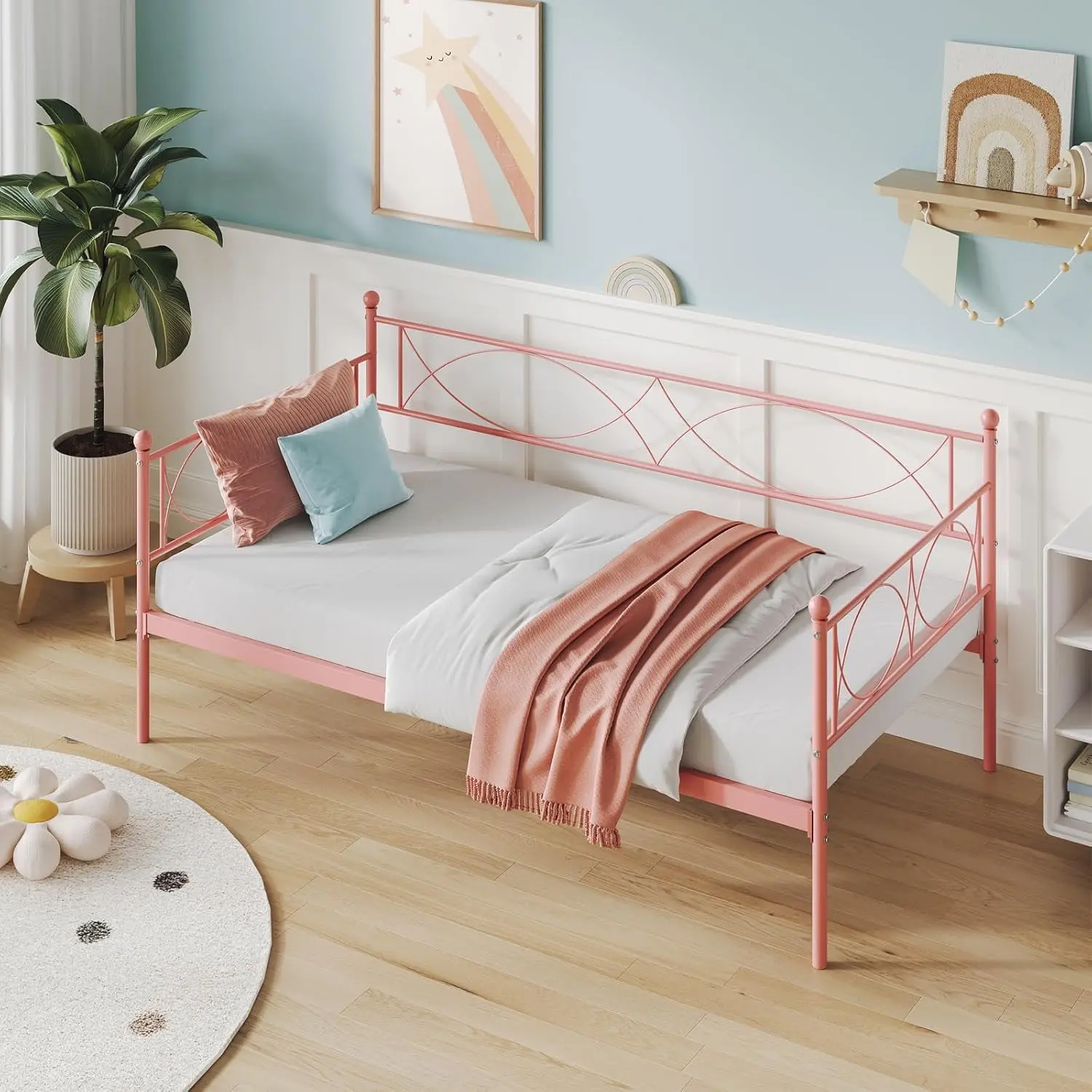 【Christmas Gift】Twin Size Metal Daybed  Heavy Duty Metal Slats  Mattress Foundation Platform Sofa Bed for Living Room  Bedroom  Guest Room Pink