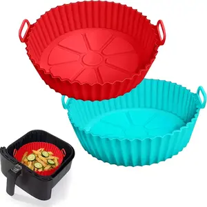 2pcs Silicone Air Fryer Liner Tray, for 3 to 5 QT, Basket Bowl, Replacement Of Flammable Parchment Paper, Reusable Baking Tray Oven Accessories, Red+Blue
