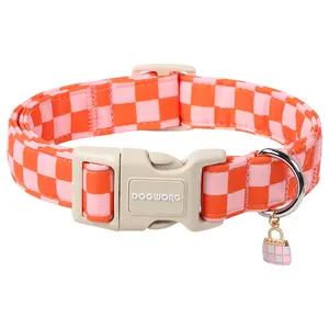 DOGWONG Orange Checkered Adjustable Dog Collar for Girls, Cute Pet Collar for Small to Large Dogs