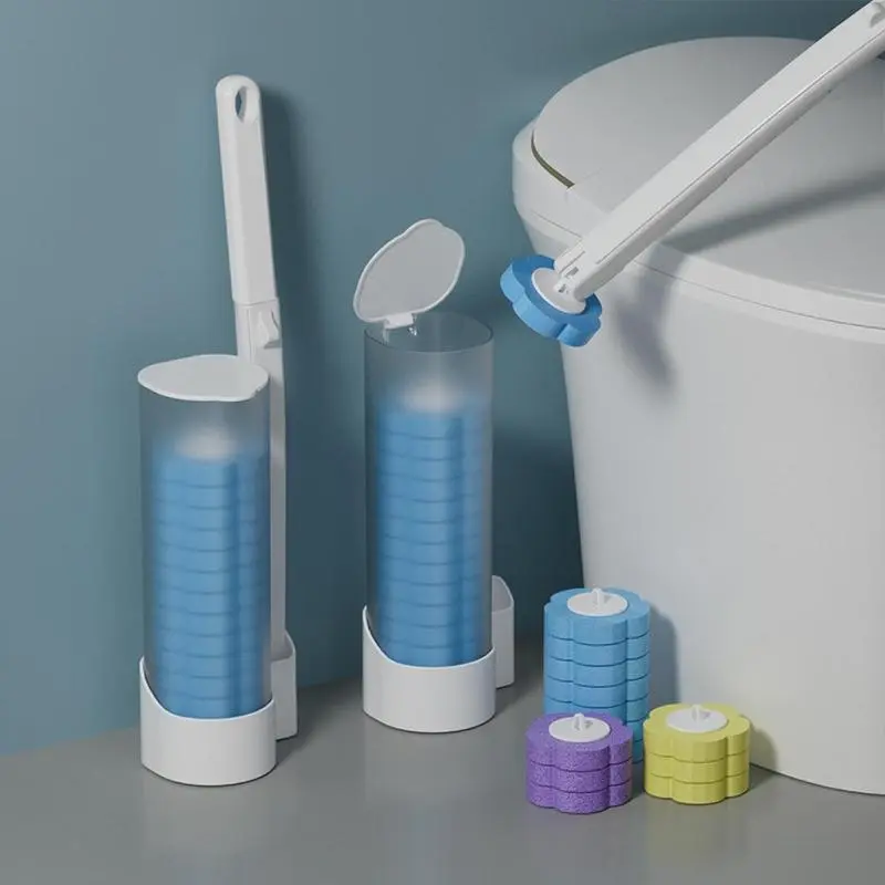 24pcs Wall-Mounted Disposable Toilet Brush Set (Toilet Wand) - 40cm Long Handle, High-Efficiency Deep Cleaning, Compact Concealed Bathroom Accessory Kit with 18 Pieces Replacement Heads for Daily Use Tidy Hygiene