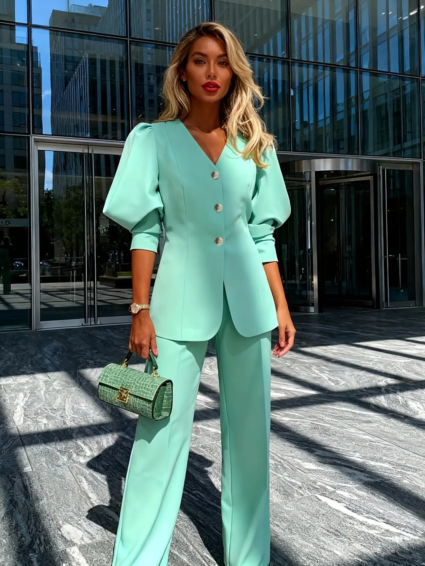 Women's New Summer Commuter Fashion European Style Elegant Chic Fit V-Neck Suit Set, Stylish Office Wear, Trendy Business Women Suits