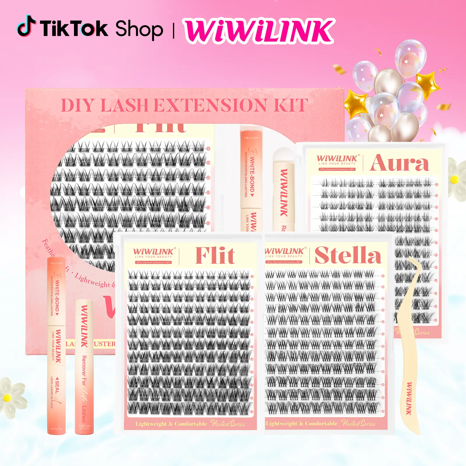 WiWiLINK Stella Flit Aura 3D Cluster Lashes Cosmetic - DIY Eyelash Extension Accessories Kit, Ultra-Thin Transparent Bands, C/D Curl, 8-16mm, Includes Bond, Seal & Remover (Lengthening Natural Lash Clusters, False Eyelashes & Adhesives), Accessories Kit F