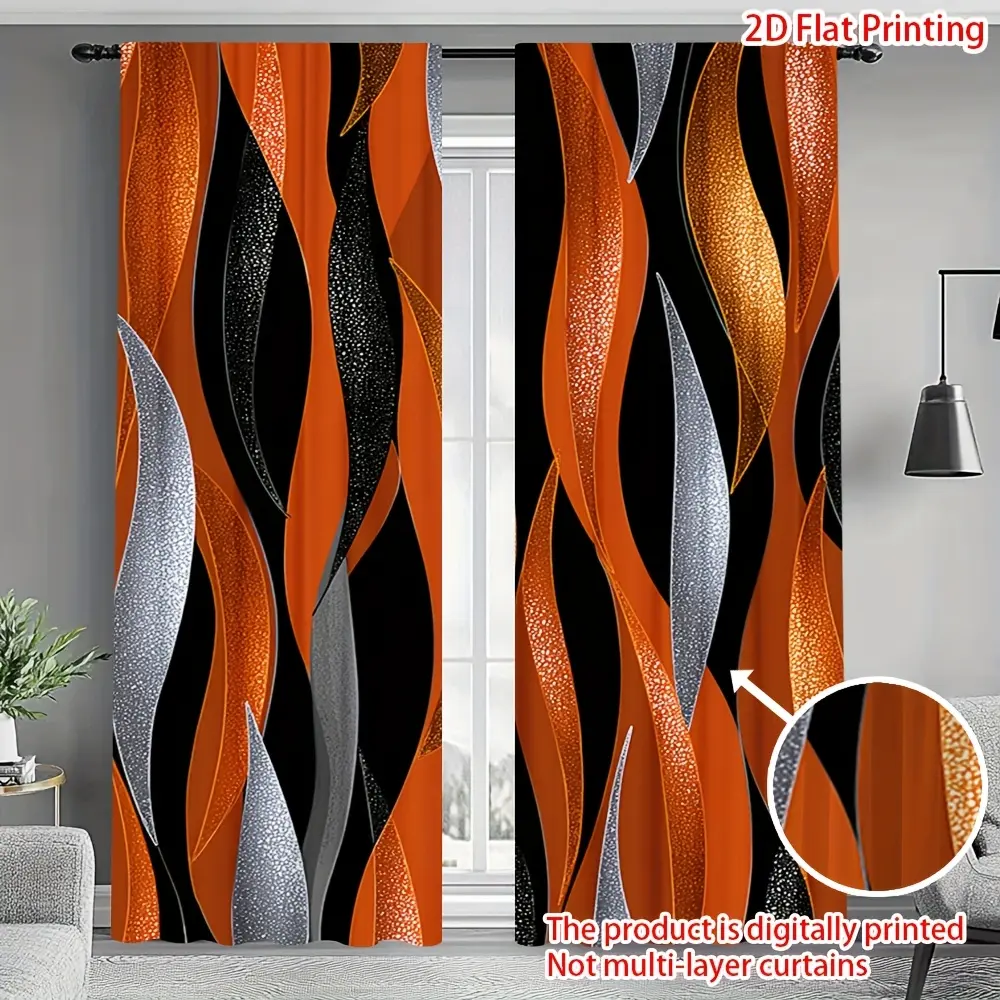 2D flat, 2-piece set, Window curtain, abstract art wavy striped print curtains, modern style orange, black design, polyester fiber, suitable for living room bedroom home decoration, easy installation, seasonal home decoration, decorative curtains