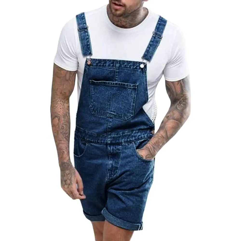 Imily Bela Mens Denim Shorts Bib Overall Jean Romper Casual Loose Fit Walkshort Button Pockets Summer Jumpersuit Fashion Menswear