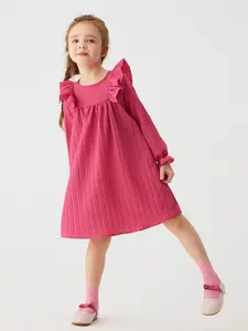 Girls' Spring & Fall Dress, Ruffle Long Sleeve Casual A-Line Skirt, Solid Color Korean Style, 1-3 Years Old, Loose-Fitting