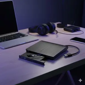 USB 3.0 Ultra Slim External DVD CD Burner Drive, High-Speed Portable Optical Disc Reader Writer, Plug and Play for Laptop Desktop, Compatible with Windows Mac, Dual Power Supply, Lightweight Design.