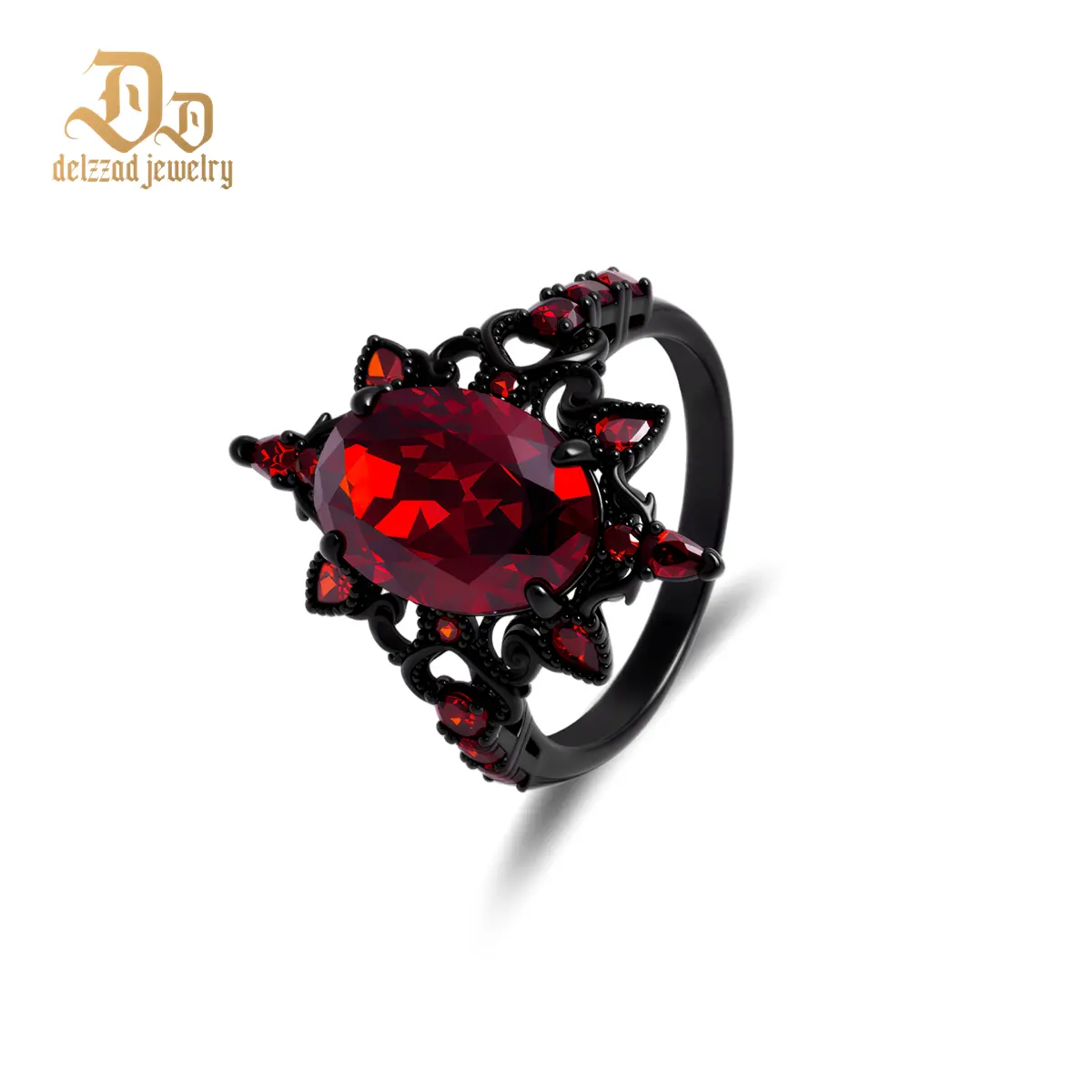 Delzzad Crimson Queen Ring Abyss Inscription Ring Band Zirconia Ring Jewelry S925 Band Perfect Birthday Engagement Wedding Anniversary Christmas Valentine's Day Mother's Day Gift