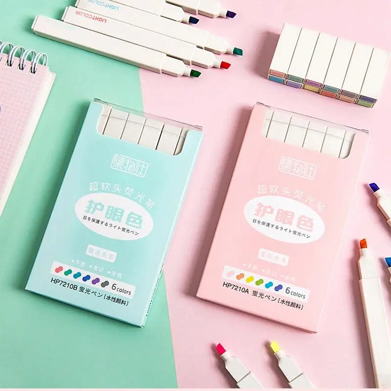 6pcs/Lot Plastic Highlighter Pen Set - 6-Color Soft Head, Eye-Protective Kawaii Markers, 13cm 0.10kg Pink Series School Stationery for Party Bags & Gifts, Escrow Eligible (Highlighting Tool), 6 Colors