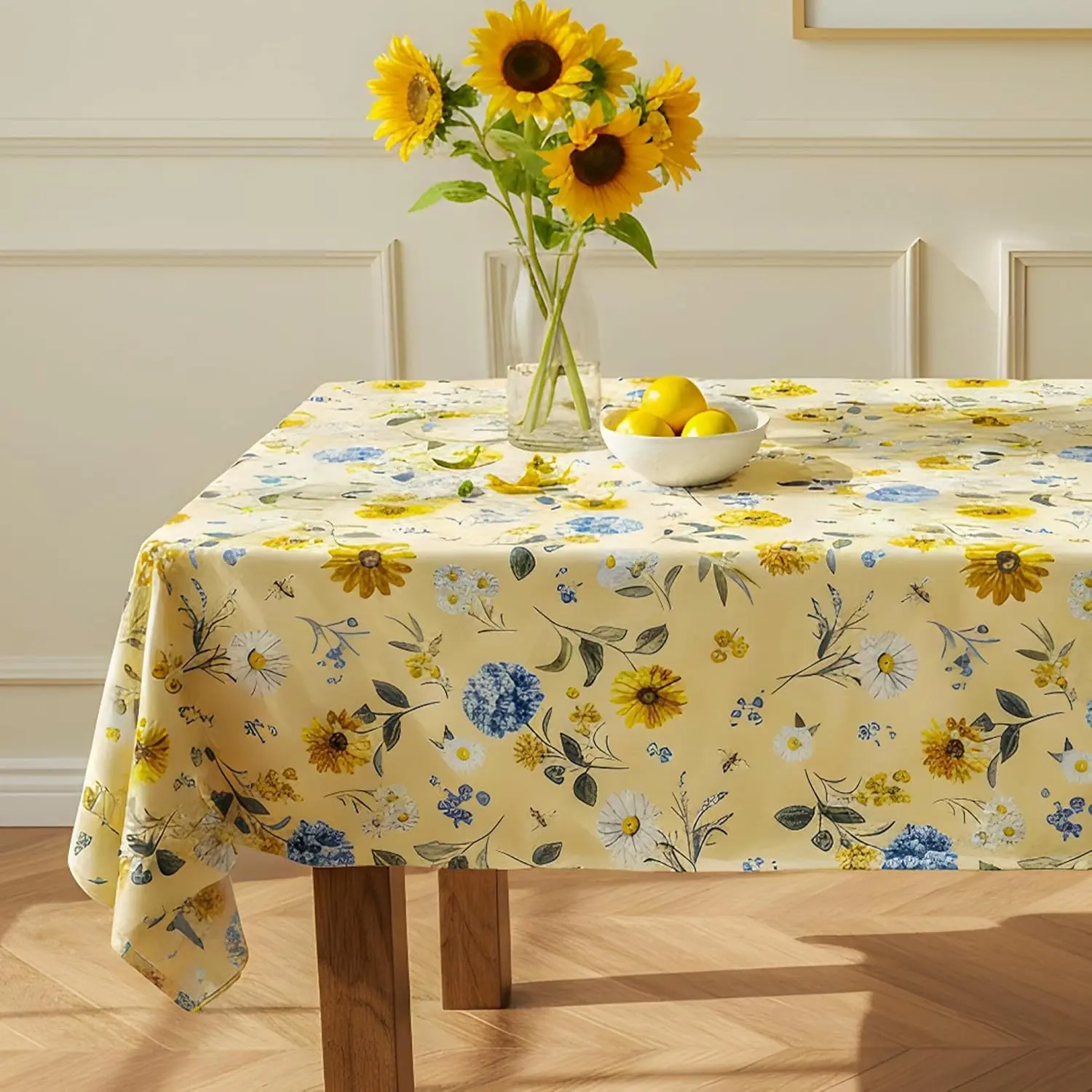 Summer Floral Waterproof Yellow Tablecloth with Sunflowers Hydrangeas & Daisies, Waterproof Fabric for Dining Room Kitchen Party Outdoor Decor, W60 x L84 in