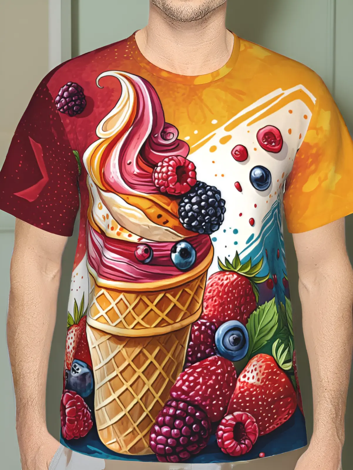 Men'S 3D Printed Streetwear T-Shirt, Vibrant Soft Serve Ice Cream And Fresh Berry Pop Art Design, Polyester Breathable Short Sleeve, Bold Pink Yellow Teal Gradient Background with Floating Berries And Mint Leaves