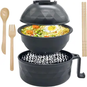 33oz Microwave Ramen Cooker,Ramen Bowl Set,Instant Noodles Bowl with Chopsticks,Rapid Ramen Cooker with Handles for College Dorm Room Apartment Essentials Dishwasher-Safe,Black