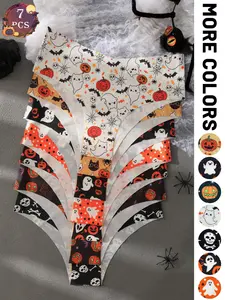 7-piece set of Halloween themed women's underwear, suitable for Valentine's Day, Halloween, and Christmas, featuring pumpkin, skull, and ghost prints, skin-friendly soft material with multi-pattern scalloped triangle panties.