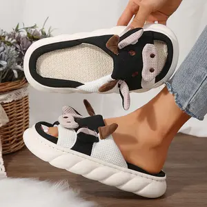 Women's Thick Bottom Linen Fabric Soft Slippers - Cute Cartoon Cow Shape for Comfy Home Wear