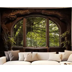 Window Tapestry, Outdoor Forest Tapestry Wall Hanging Rustic Country Backdrop Oversized Nature Landscape Wall Mural Tapestry for Office Bedroom Living Room Wall Art Decor 59.1"x51.2"