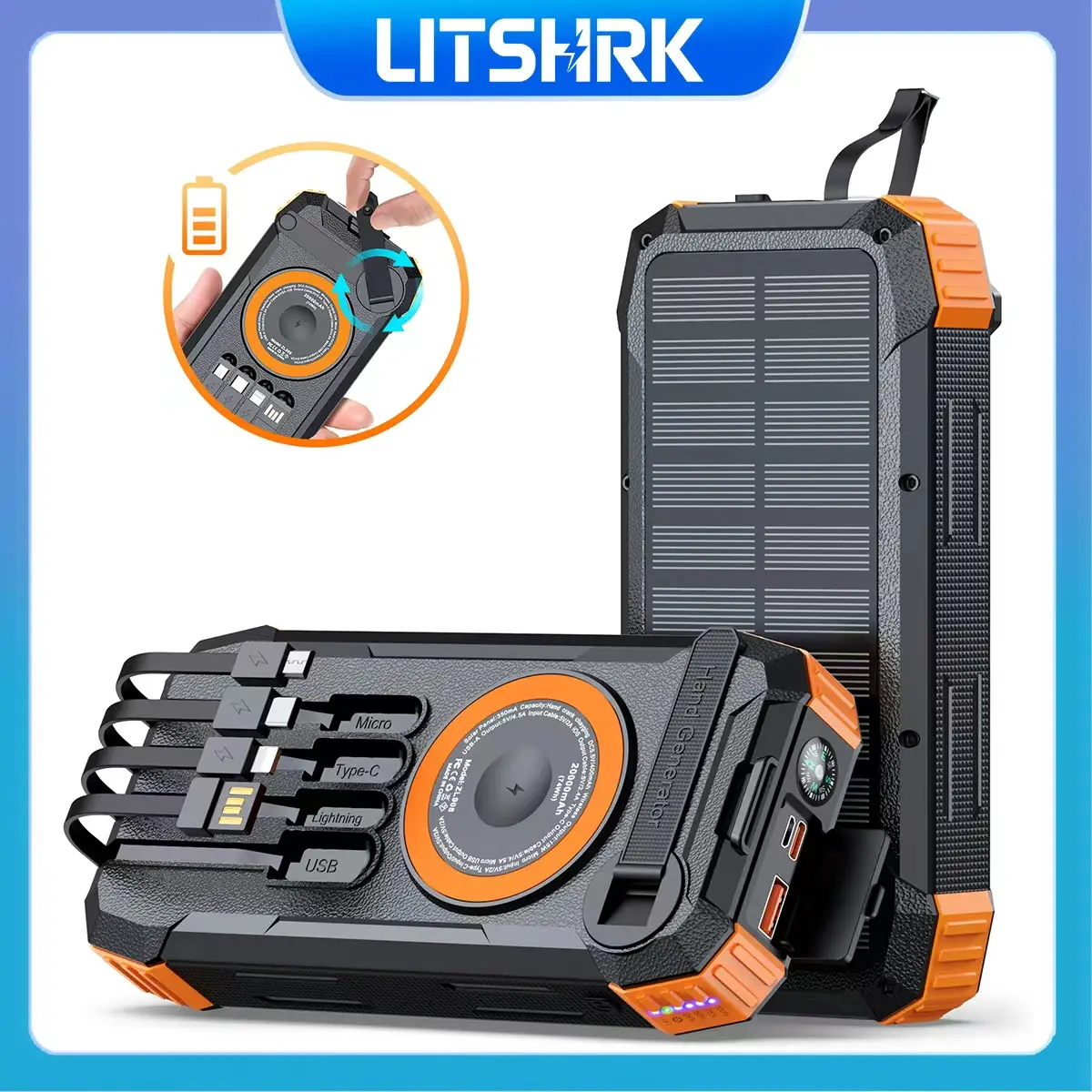 20000mAh Silicone Water-Proof Solar Power Bank - 22.5W QC3.0 Wireless Fast Charging, Built-In 4 Cables, 6 Outputs 2 Inputs USB-C Lithium Portable Battery Pack for Mobile Smartphone Devices Accessories (iPhone), Solar Power Banks, Hiking / Light Outdoor