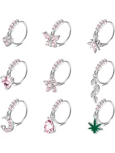 Elegant 9 Pcs Silvery Golden Nose Piercing Jewelry Set for Women Men Stainless Steel Copper for Long-lasting Wear Skin-safe Comfort Charming Pink White CZ Soft Shimmering Luster Sweet Romantic Vibe Delicate Dangling Silhouettes Heart Moon Butterfly Motifs