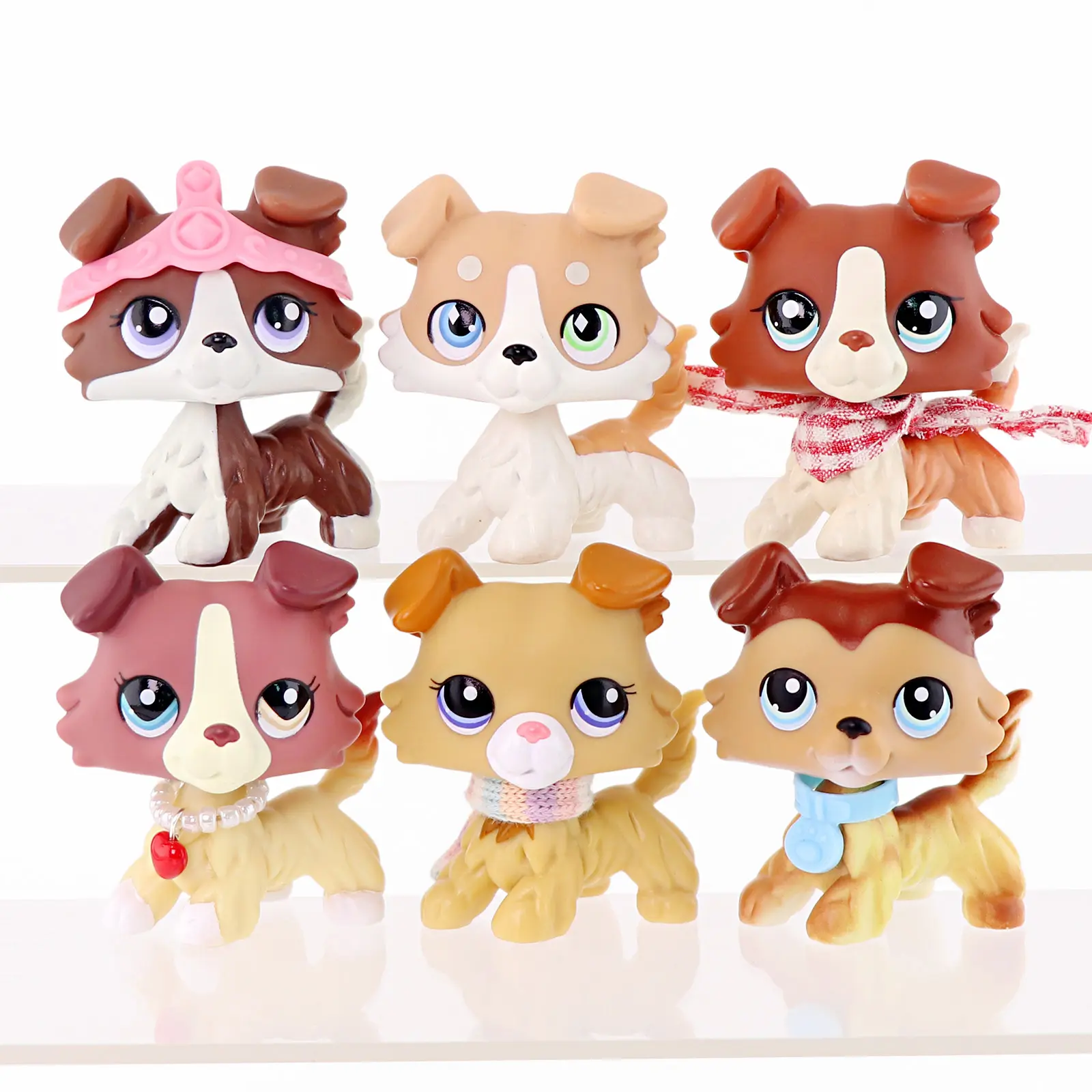 6 Pcs Mini Dog Figure Set, Cartoon Collie Puppy Toys with Princess Headband Plaid Scarf Beaded Necklace Knit Scarf Collar Accessories, Collectible Small Pet Figurines, Kids Birthday Gift Desktop Cake Topper Decor
