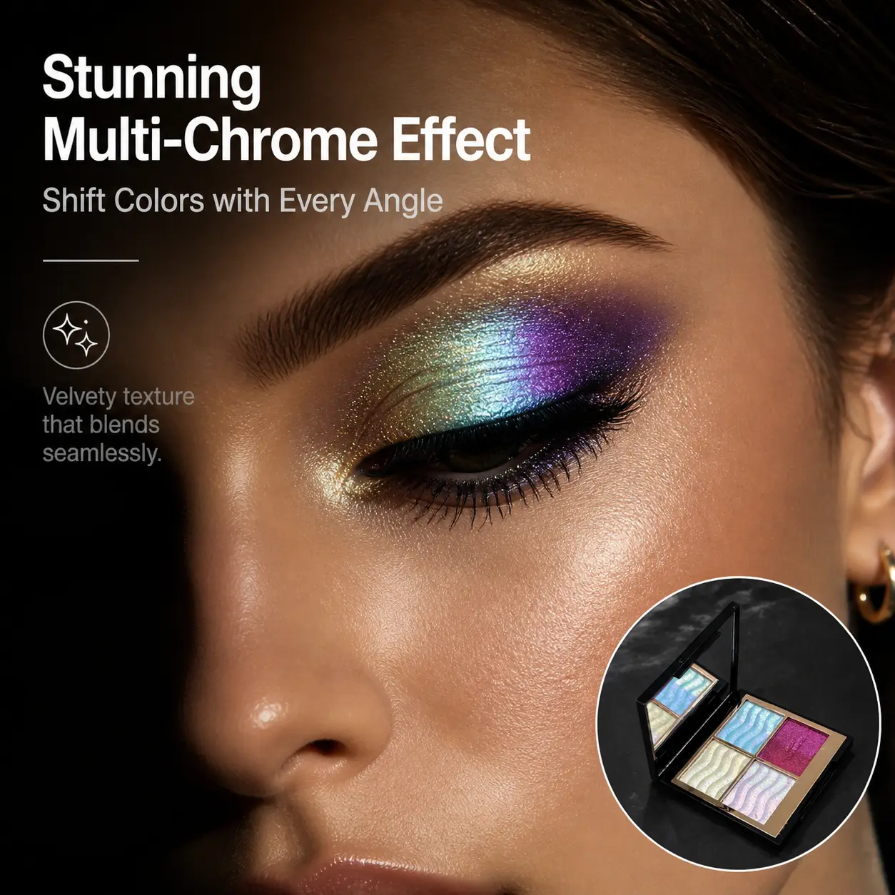 HERORANGE 4-Color Multichrome Eyeshadow Palette, Sparkly Color-Shifting Formula for a Blue, Purple & Gold Glow, Long-Lasting Beautycosmetics with 02# Brush Set, Beginner-Friendly Gift, Topical Cosmetic, Makeup Beauty Cosmetics