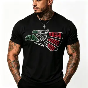 Men's Graphic T-shirt Featuring a Mexico Eagle Tribal Print, Casual Short Sleeve Round Neck in a Soft Cotton Blend